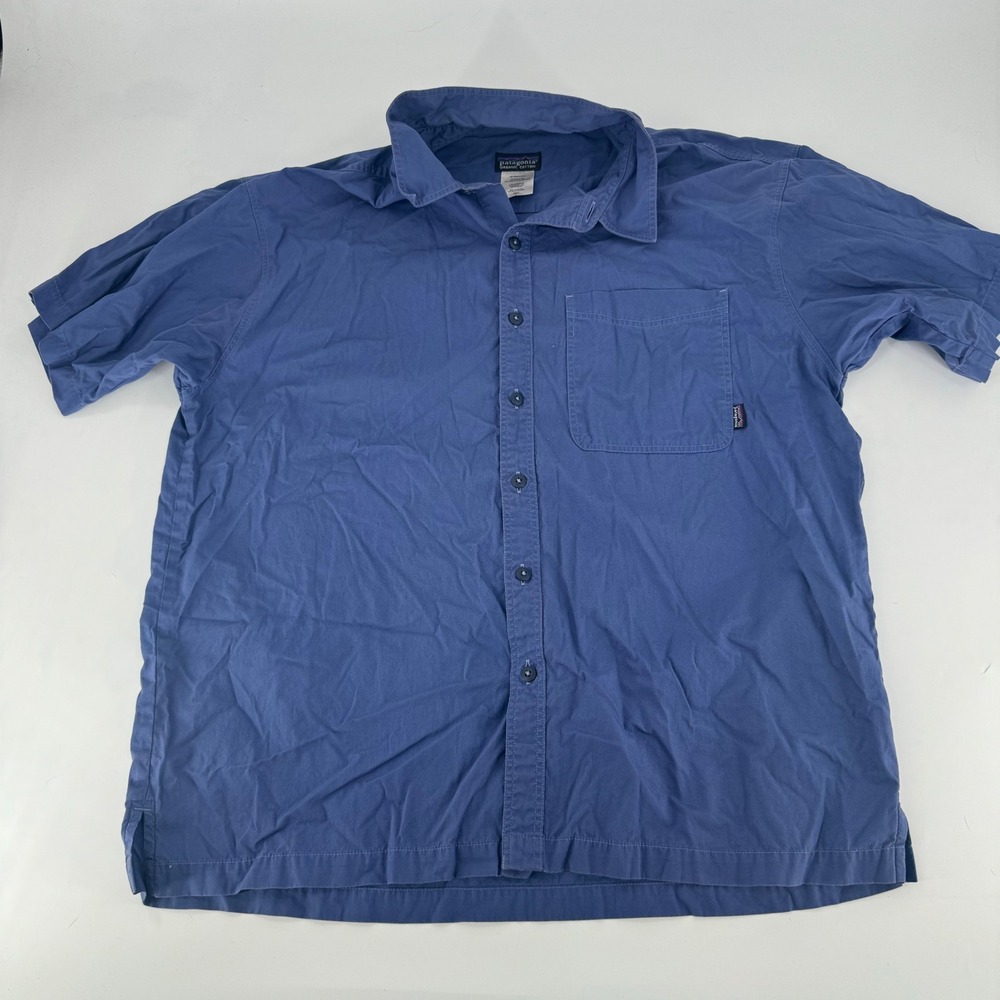 Patagonia Mens Large Blue Short Sleeve Organic Cotton Button Down Shirt 52340SP
